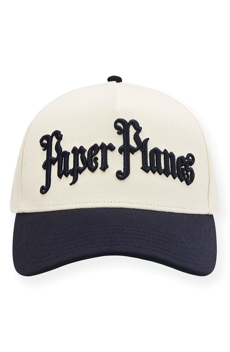 PAPER PLANES Old E A-Frame Snapback Baseball Cap, Main, color, Eggshell/ Navy