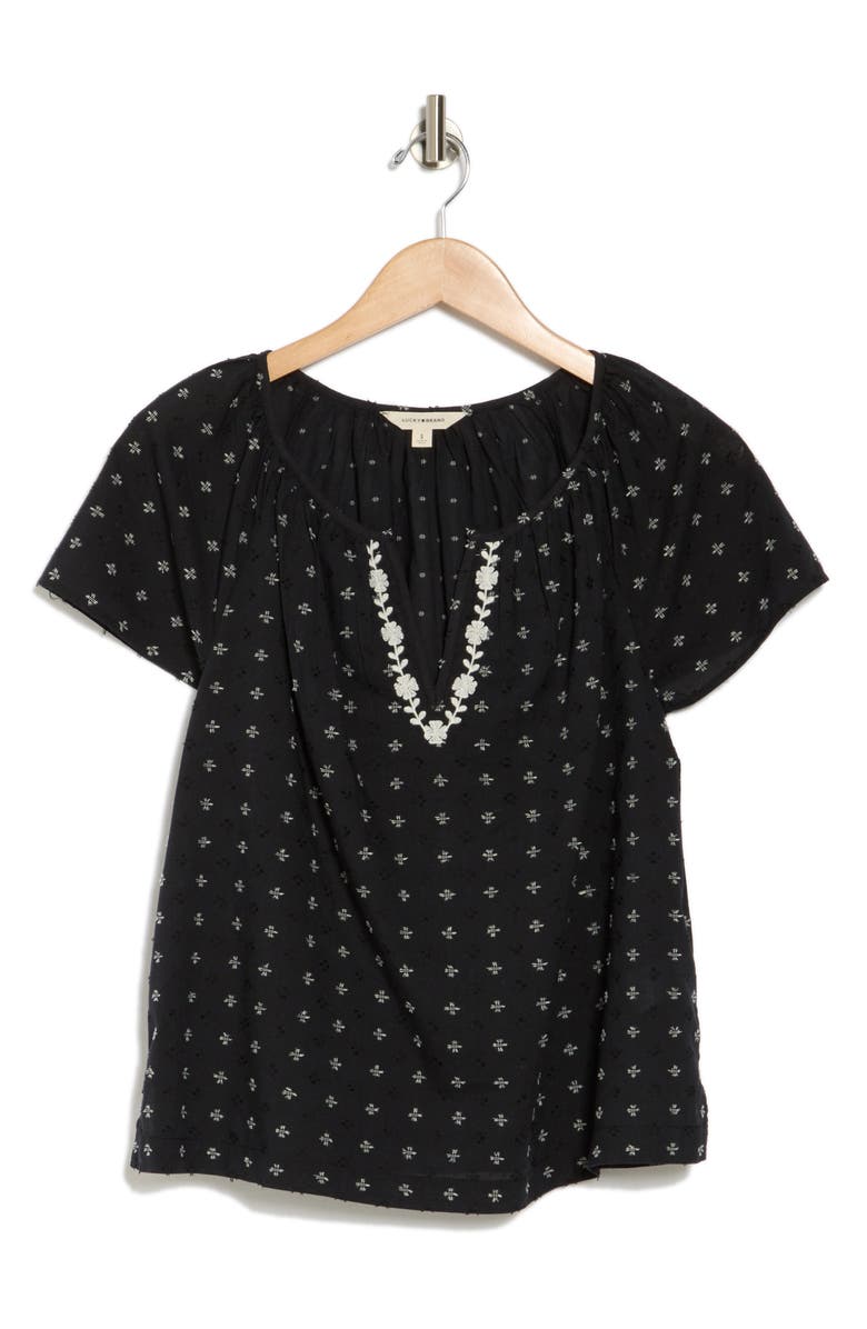 Lucky Brand Embroidered Split Neck Top, Alternate, color, Black Clipdot