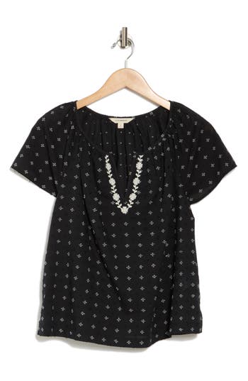 Lucky Brand Embroidered Split Neck Top In Black Clipdot
