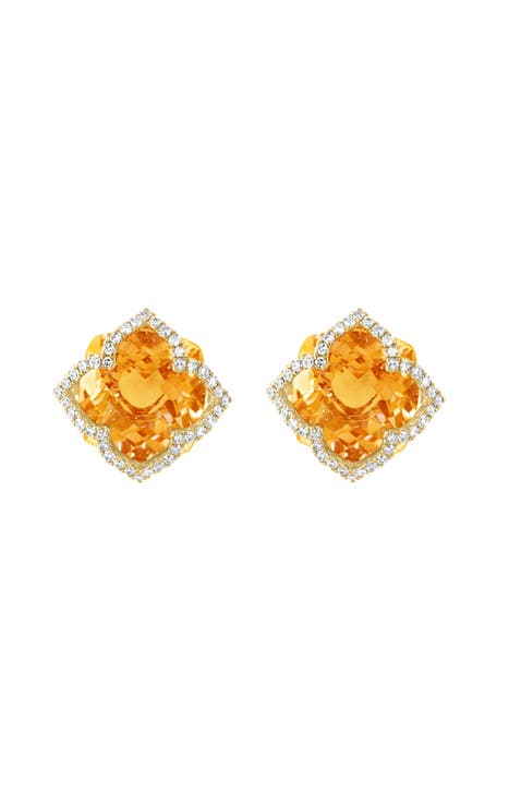 14K Yellow Gold Citrine Diamond Halo Stud Earrings