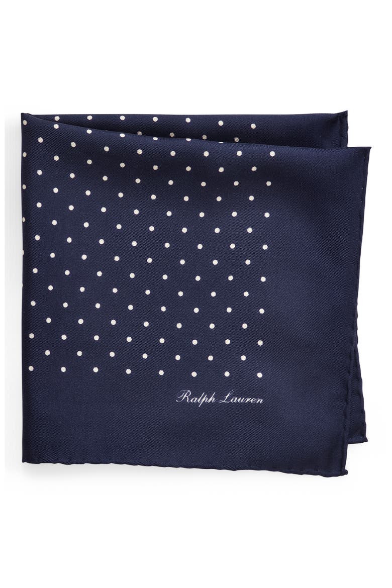 Polka-Dot Silk Foulard Pocket Square, Main, color, NAVY