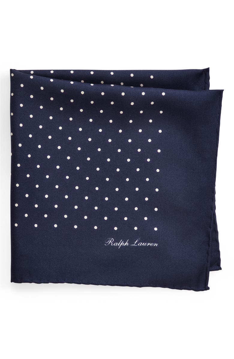 Ralph Lauren Purple Label Dot Print Silk Foulard Pocket Square, Main, color, Navy