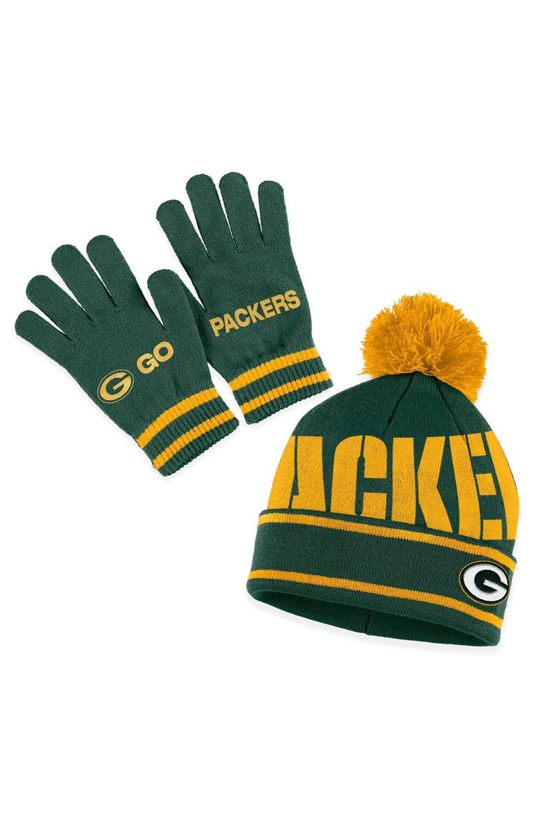 WEAR by Erin Andrews Women's WEAR by Erin Andrews  Green Green Bay Packers Double Jacquard Cuffed Knit Hat with Pom and Gloves Set, Main, color, 