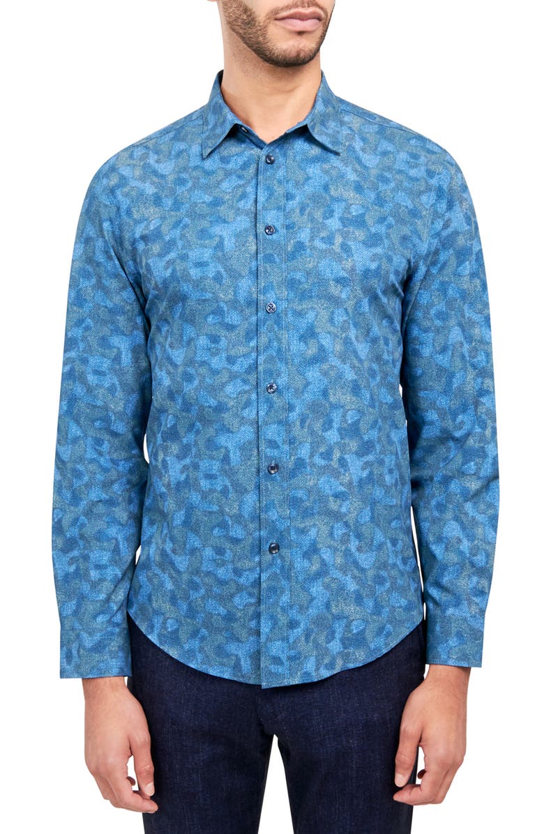 Brooklyn Brigade Slim Fit Abstract Print 4-Way Stretch Performance Long Sleeve Shirt, Main, color, Blue