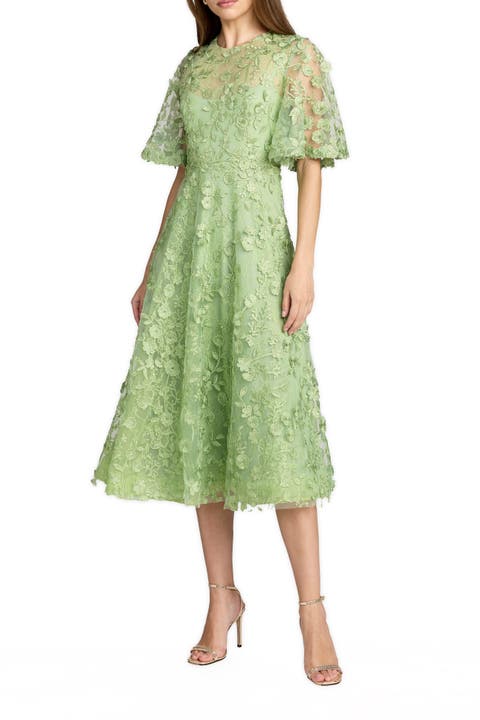 Floral Embroidered Mesh Midi Dress with Sleeves