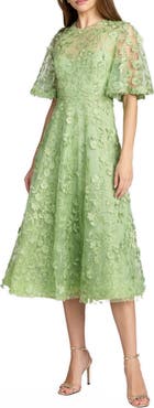 Mac Duggal Women's Floral Embroidered Mesh Midi Dress with Sleeves