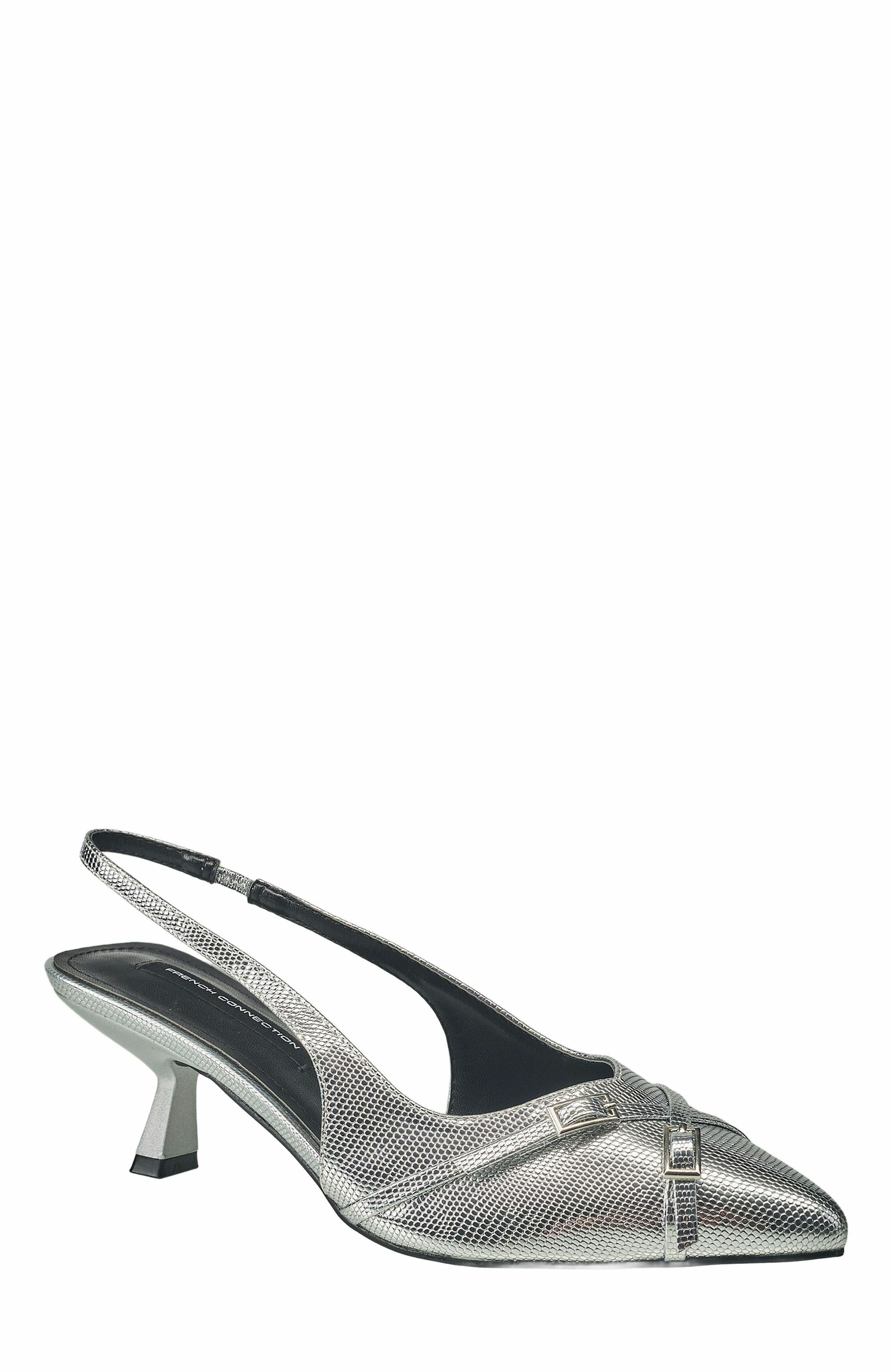 French Connection Buckles Slingback Kitten Heel, Main, color, Silver