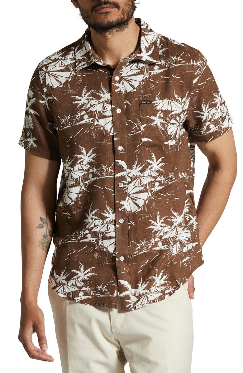 Brixton Charter Classic Fit Tropical Print Short Sleeve Slub Button-Up Shirt, Main, color, 