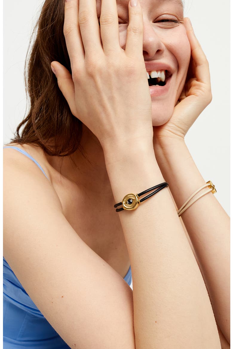 Black Double Leather Bracelet with 18K Gold-Plated Eye Detail and Crystal, Alternate, color, Gold
