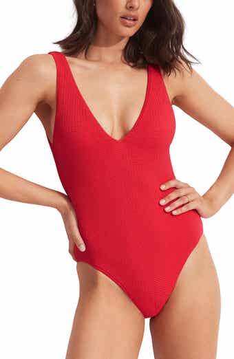 Seafolly Sea Dive Deep V-Neck One-Piece Swimsuit