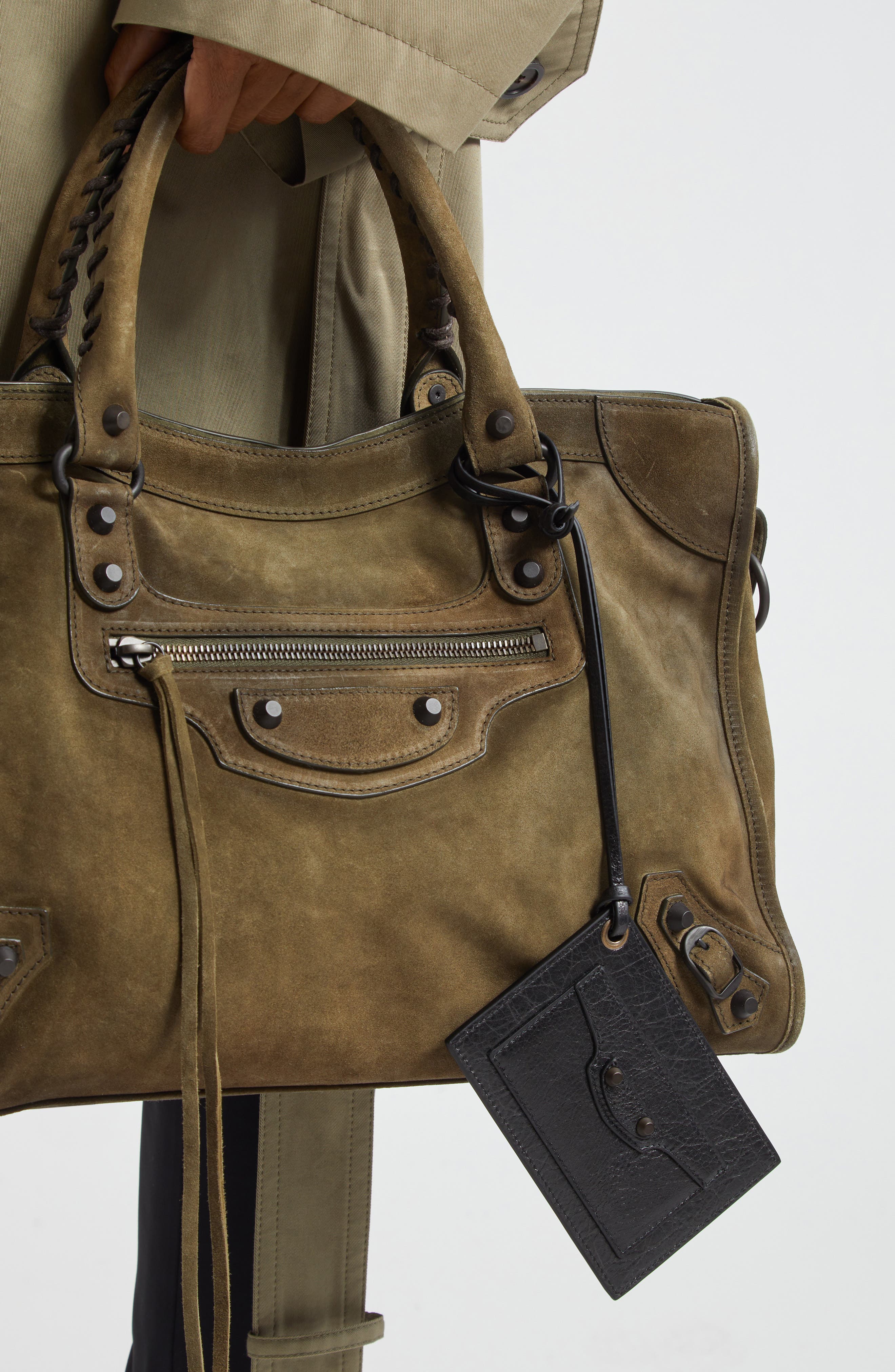 Balenciaga Le City Crackled Leather Card Holder Bag Charm, Alternate, color, 1000 Black