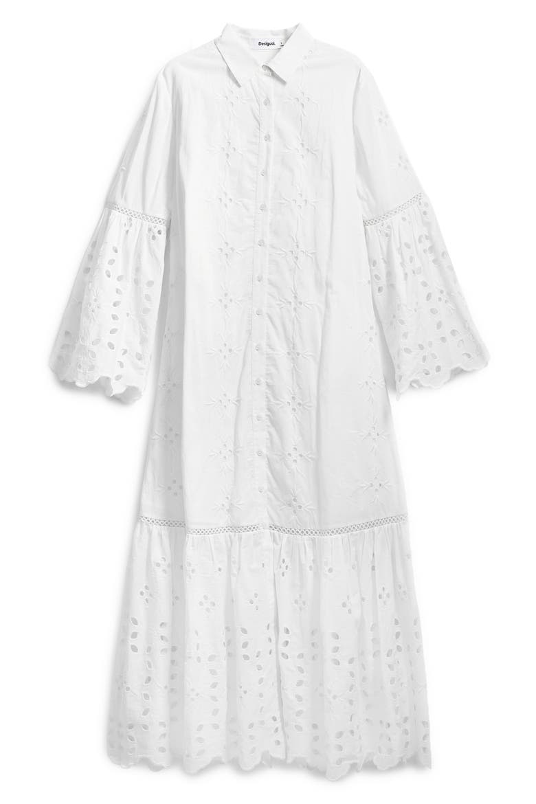 Eyelet Embroidery Long Sleeve Cotton Dress, Alternate, color, WHITE