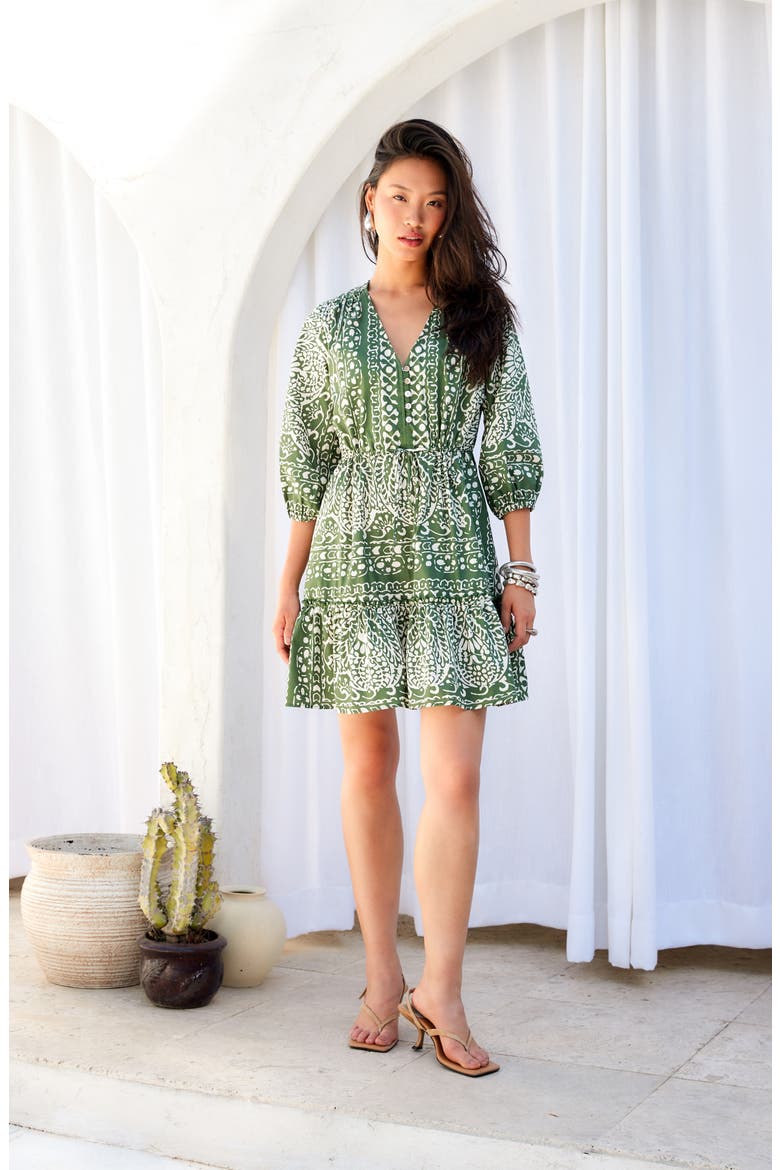 Tasha Drawstring Waist Tiered Cotton Dress, Alternate, color, GREEN PRINT