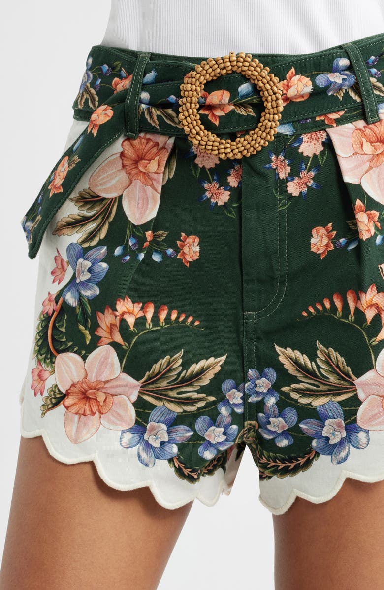 FARM Rio Berry Garden High Rise Belted Cotton Twill Shorts, Alternate, color, Berry Garden Black