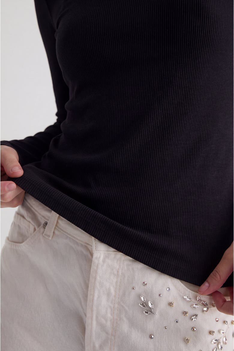 Fitted Ribbed Long Sleeve Crewneck T-Shirt, Alternate, color, Black