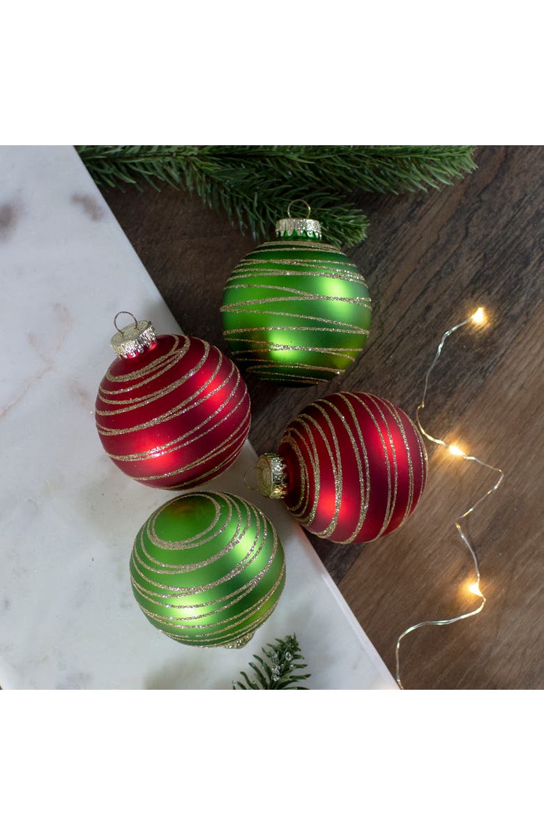 Northlight Glittered Golden Stripes Christmas Glass Ball Ornaments - 3" (75mm) - Red and Green - 4ct, Alternate, color, Red