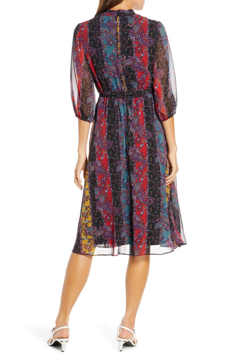 Stripe Paisley Chiffon Faux Wrap Dress, Alternate, color, RED/ BLACK/ TEAL