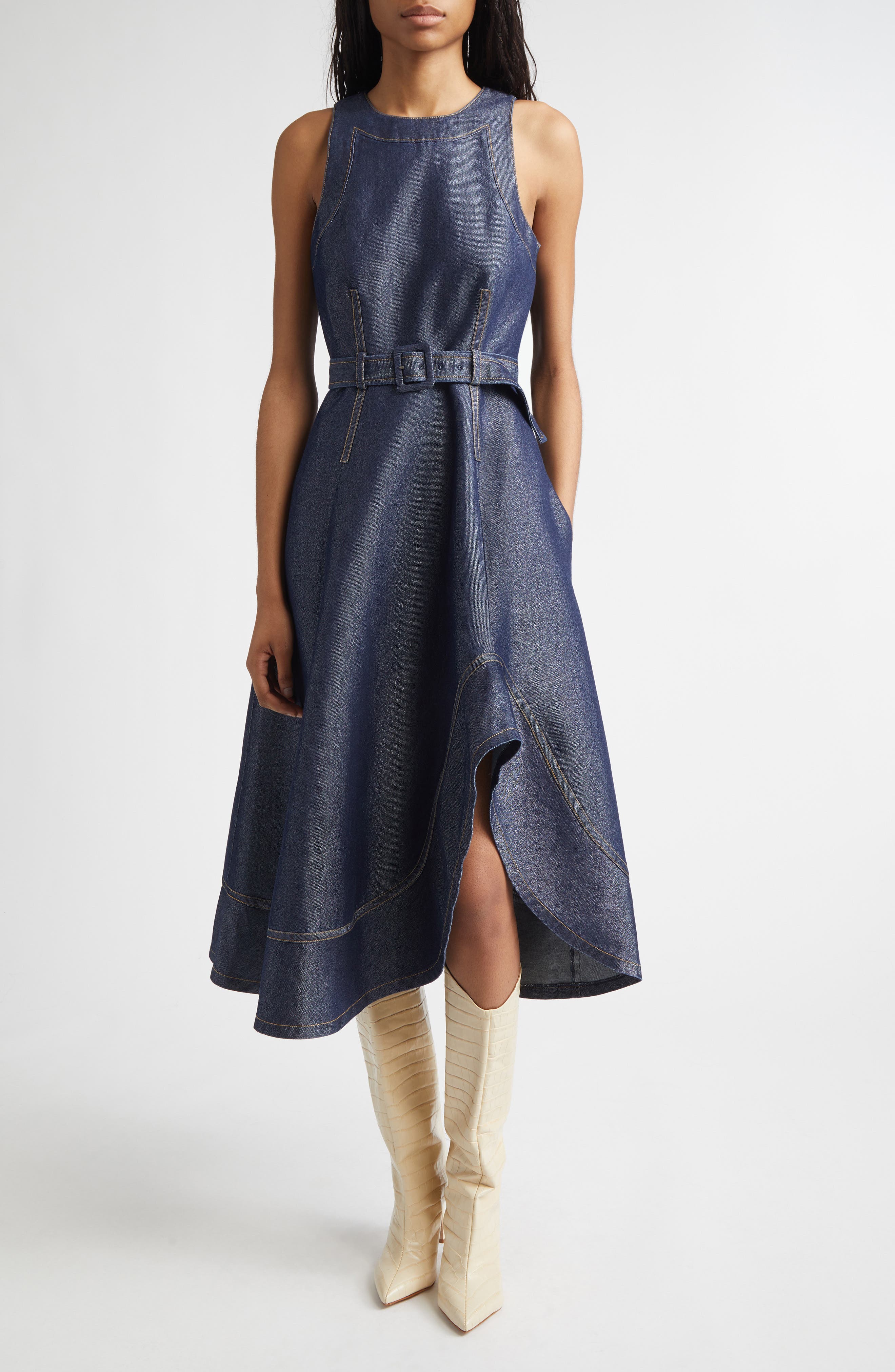 Cinq à Sept Zelda Sleeveless Belted Cotton Blend Denim Dress