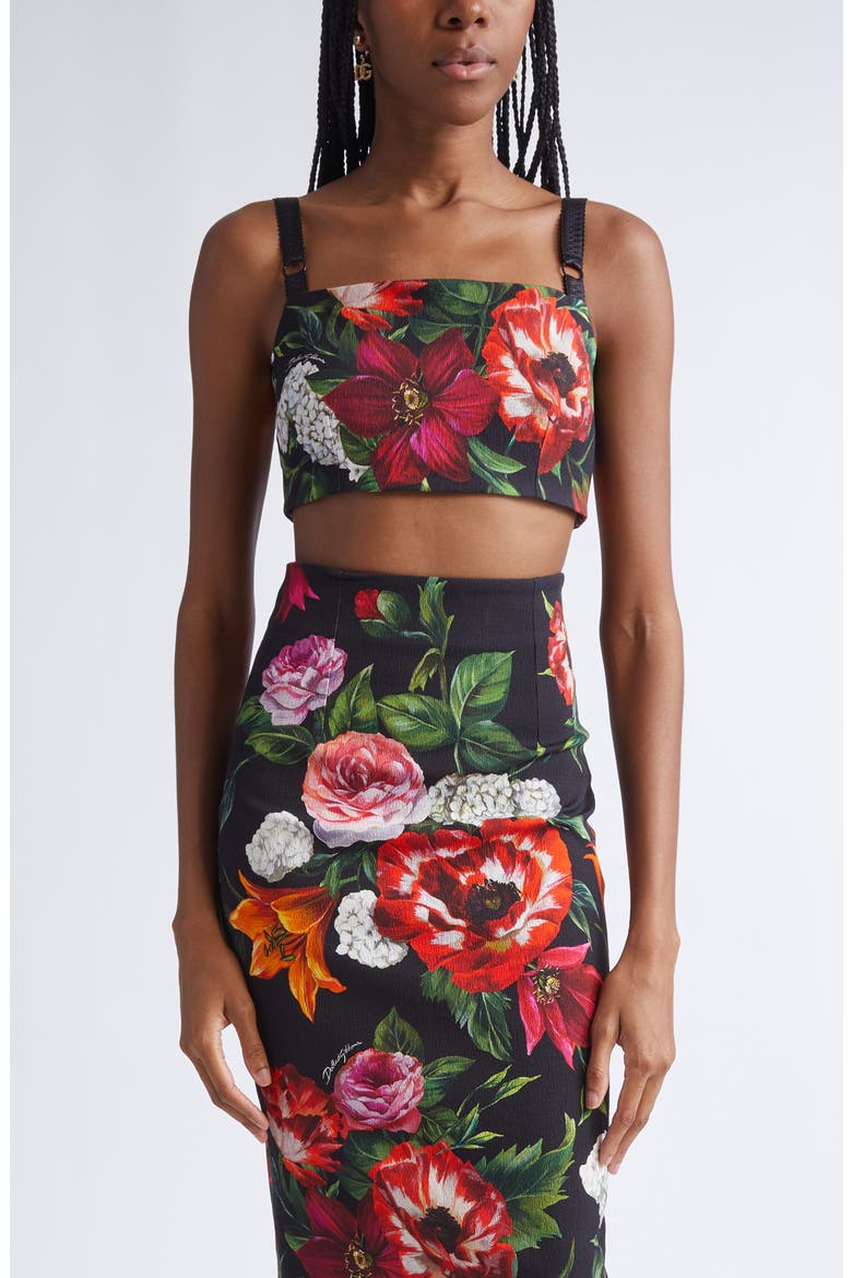 Floral Print Stretch Faille Crop Top, Main, color, HN5PB ANEMONI GIGLI F.NERO