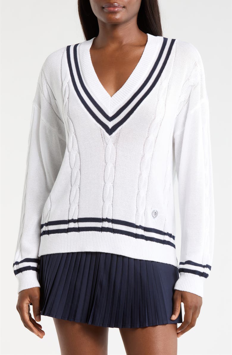 MPG Club Stripe Sweater, Alternate, color, Brilliant White/ Navy Blazer