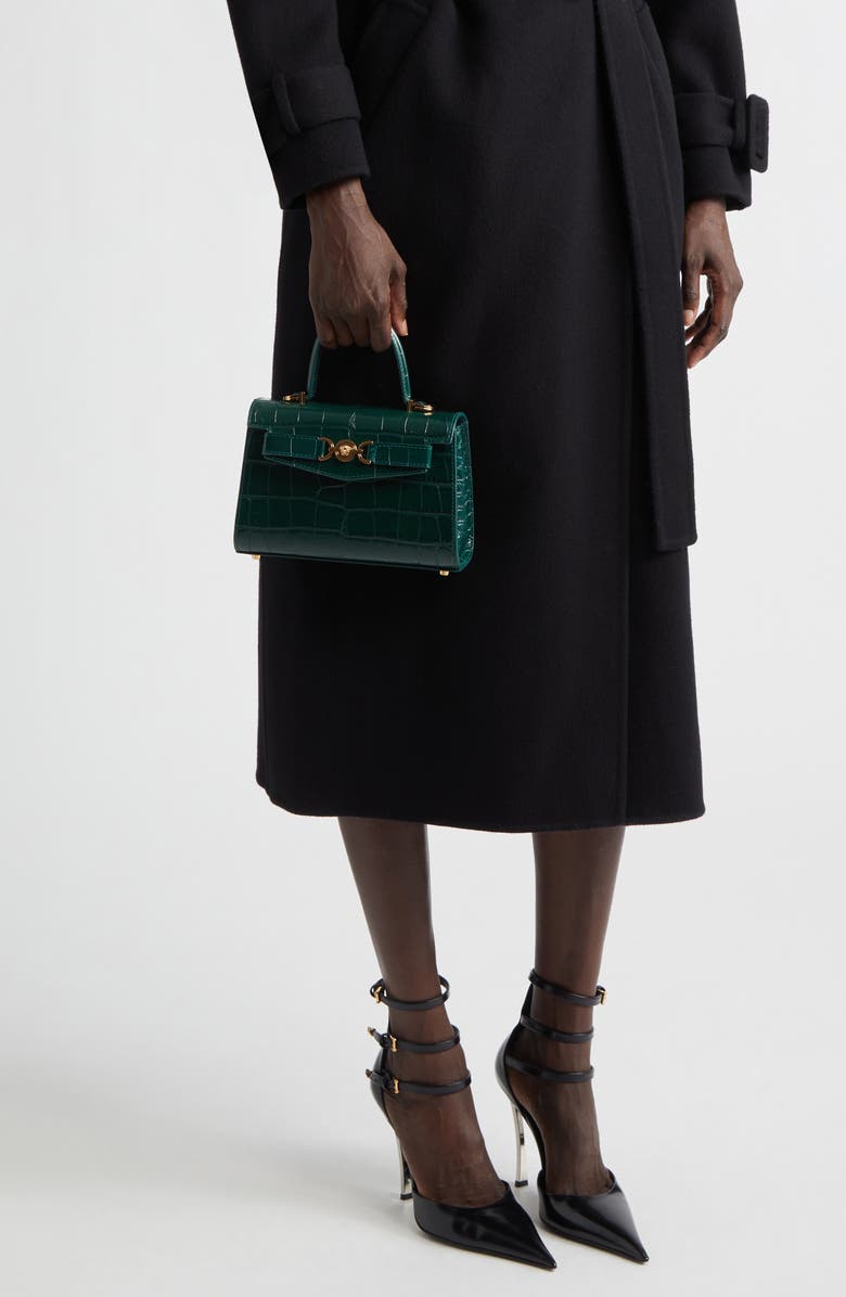Versace Small Medusa
95 Croc Embossed Leather Top Handle Bag, Alternate, color, Dark Emerald Gold
