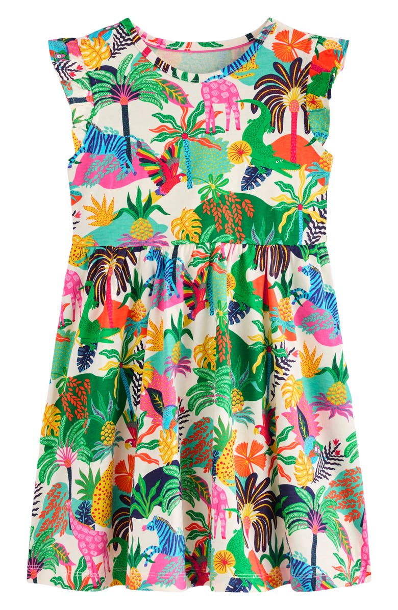 Mini Boden Kids' Jungle Print Frill Sleeve Cotton Jersey Dress, Main, color, 