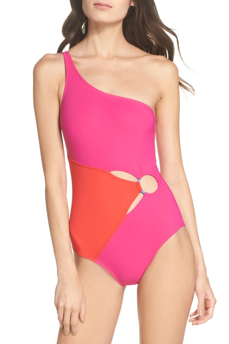 O-Ring One-Piece Swimsuit, Main, color, HOT PINK/ GERANIUM