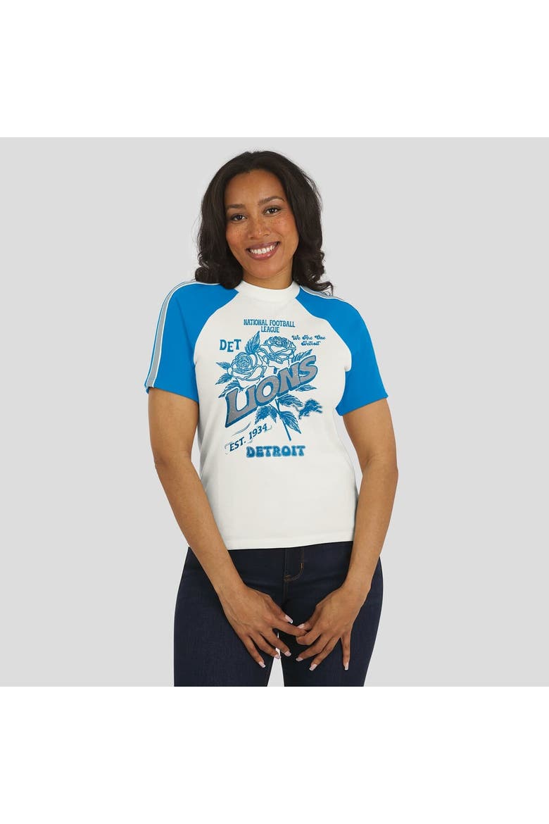 Women's WEAR by Erin Andrews White Detroit Lions Sleeve Stripe Distressed Raglan T-Shirt, Alternate, color, White