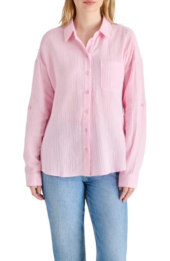 Steve Madden Gauze Button-up Shirt In Pink Lemonade
