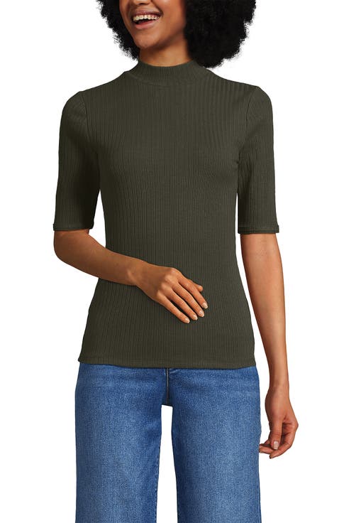 Elbow Sleeve Pointelle Rib Mock Neck