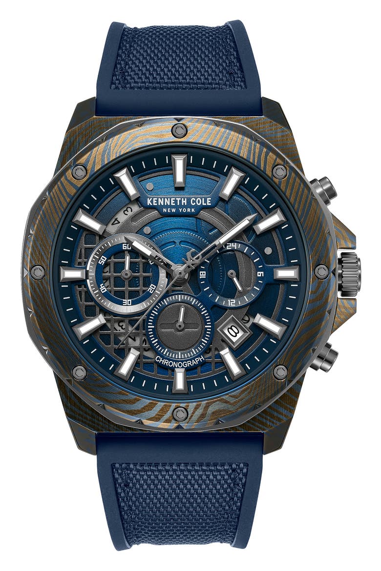 The Hollis Blue Chronograph Silicone & Nylon Strap Watch, 45mm, Main, color, NAVY / BLUE DARK