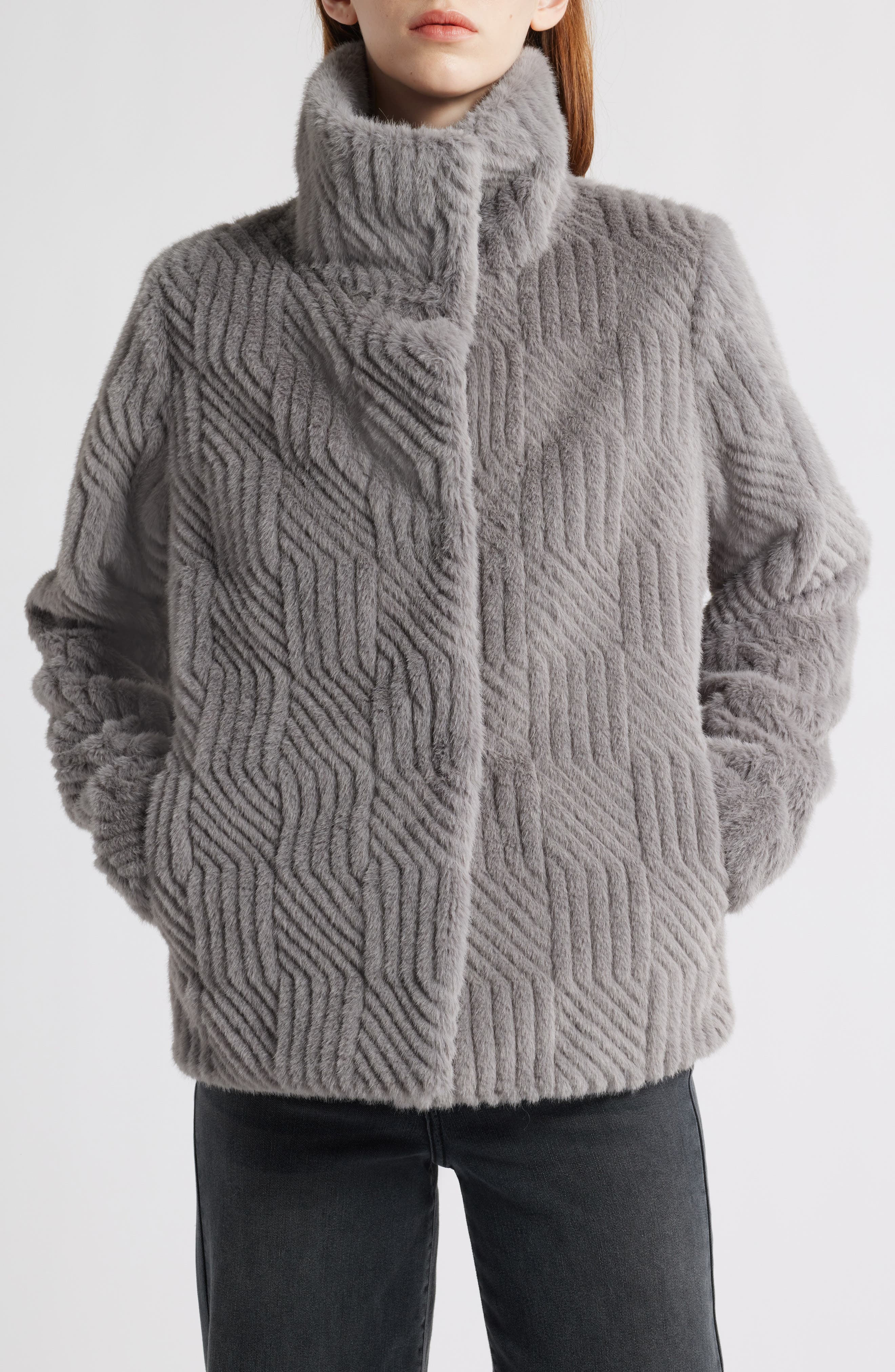 Square Pattern Faux Fur Coat