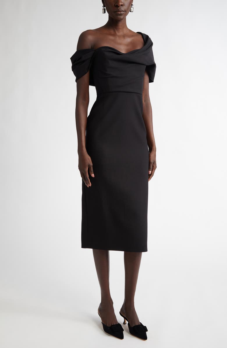 Carolina Herrera Draped Off the Shoulder Stretch Wool Midi Dress, Main, color, 