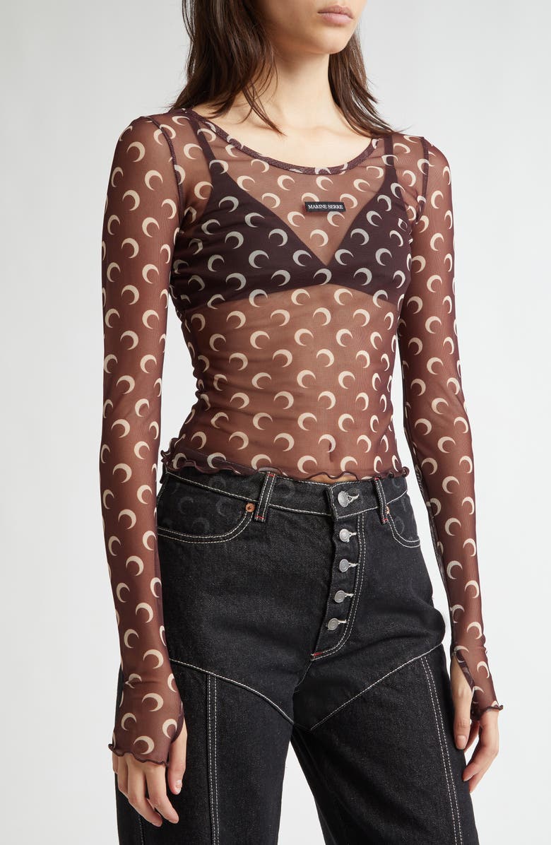 Marine Serre Second Skin Moon Print Long Sleeve Sheer Mesh Crop Top, Alternate, color,