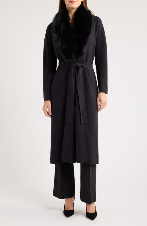 Faux Fur Collar Belted Cardigan