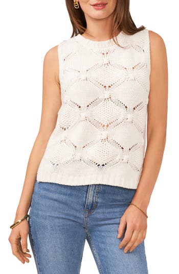 Vince Camuto Open Stitch Sleeveless Cotton Blend Sweater In Antique White