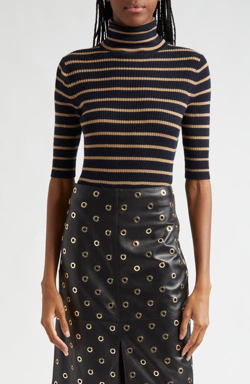 Veronica Beard Katrina Stripe Turtleneck Merino Wool Sweater In Navy Khaki