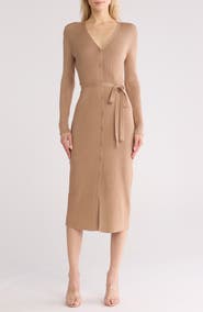 TASH AND SOPHIE Long Sleeve Button Front Sweater Dress