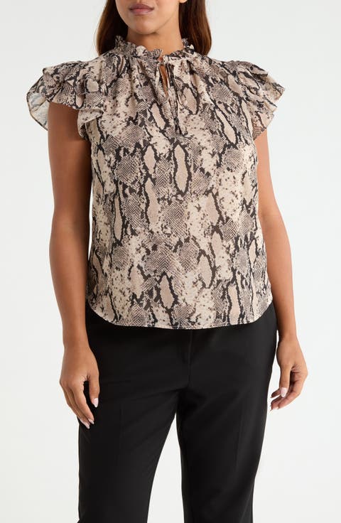 Ruffle Sleeve Faux Snakeskin Tie Neck Top