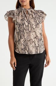 Anne Klein Ruffle Sleeve Faux Snakeskin Tie Neck Top