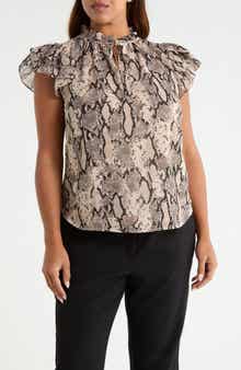 Ruffle Sleeve Faux Snakeskin Tie Neck Top