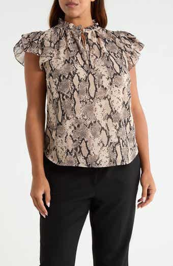 Ruffle Sleeve Faux Snakeskin Tie Neck Top