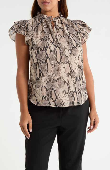 Ruffle Sleeve Faux Snakeskin Tie Neck Top