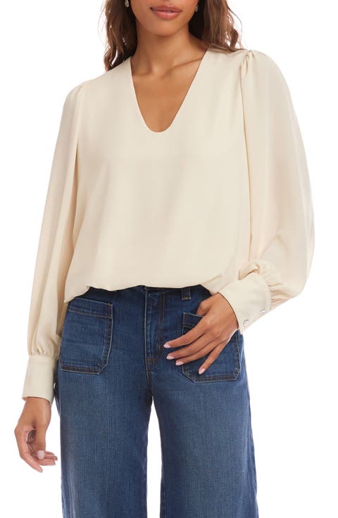 Puff Sleeve V-Neck Crepe Top (Petite)
