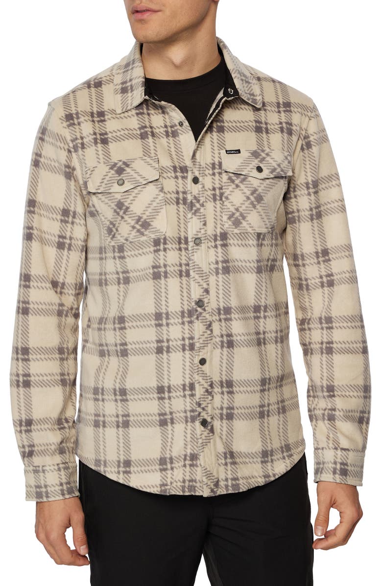 O'Neill Glacier Plaid Fleece Snap-Up Shirt, Main, color, Light Khaki