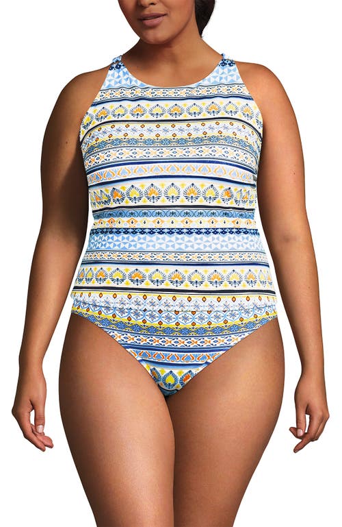 Lands' End Tugless High Neck Strappy Back Tankini Swimsuit Top In Multi