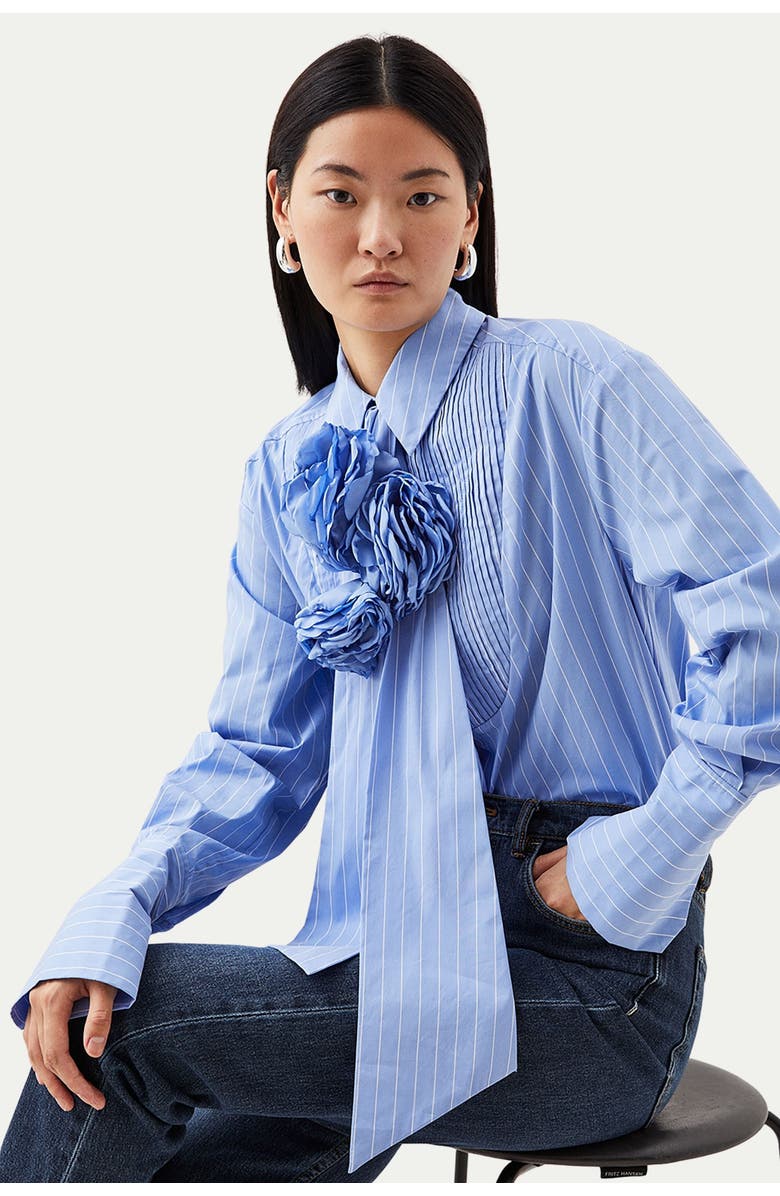 Karen Millen Striped Cotton Tie-Neck Rosette Shirt, Main, color, Blue