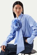 Karen Millen Striped Cotton Tie-Neck Rosette Shirt