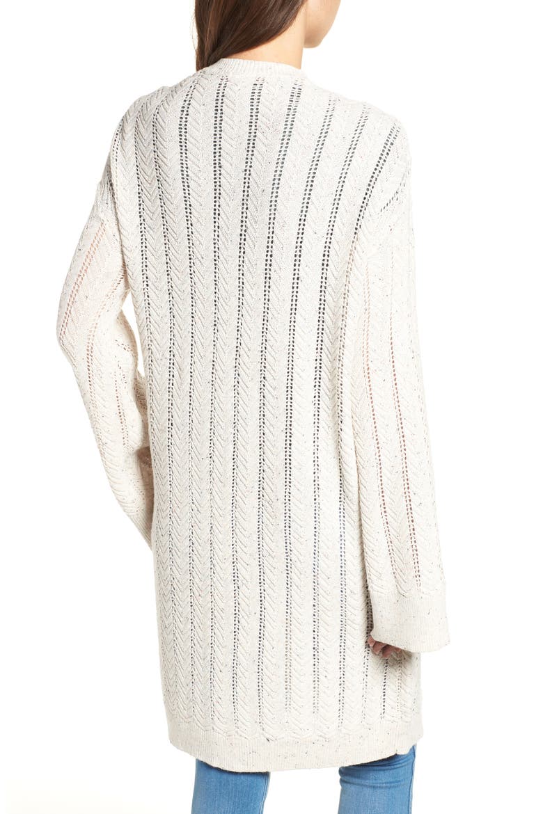 Long Tweed Herringbone Stitch Cardigan, Alternate, color, BEIGE OATMEAL HEATHER