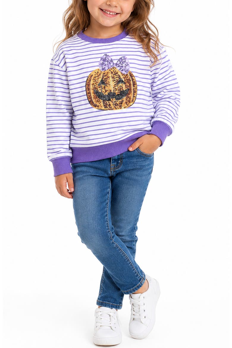Kids' Sequin Pumpkin Stripe High-Low Sweatshirt, Alternate, color, LILAC/ IVORY